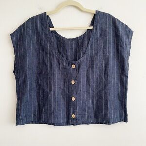 Catherine Malandrino Linen button back Crop top blouse striped lagenlook artsy L